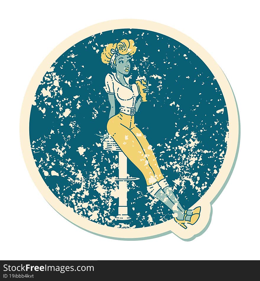 distressed sticker tattoo style icon of a pinup girl drinking a milkshake