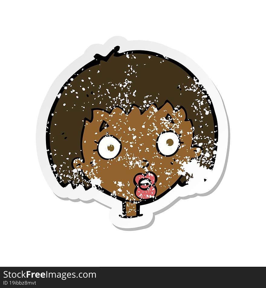 retro distressed sticker of a cartoon surprised female face