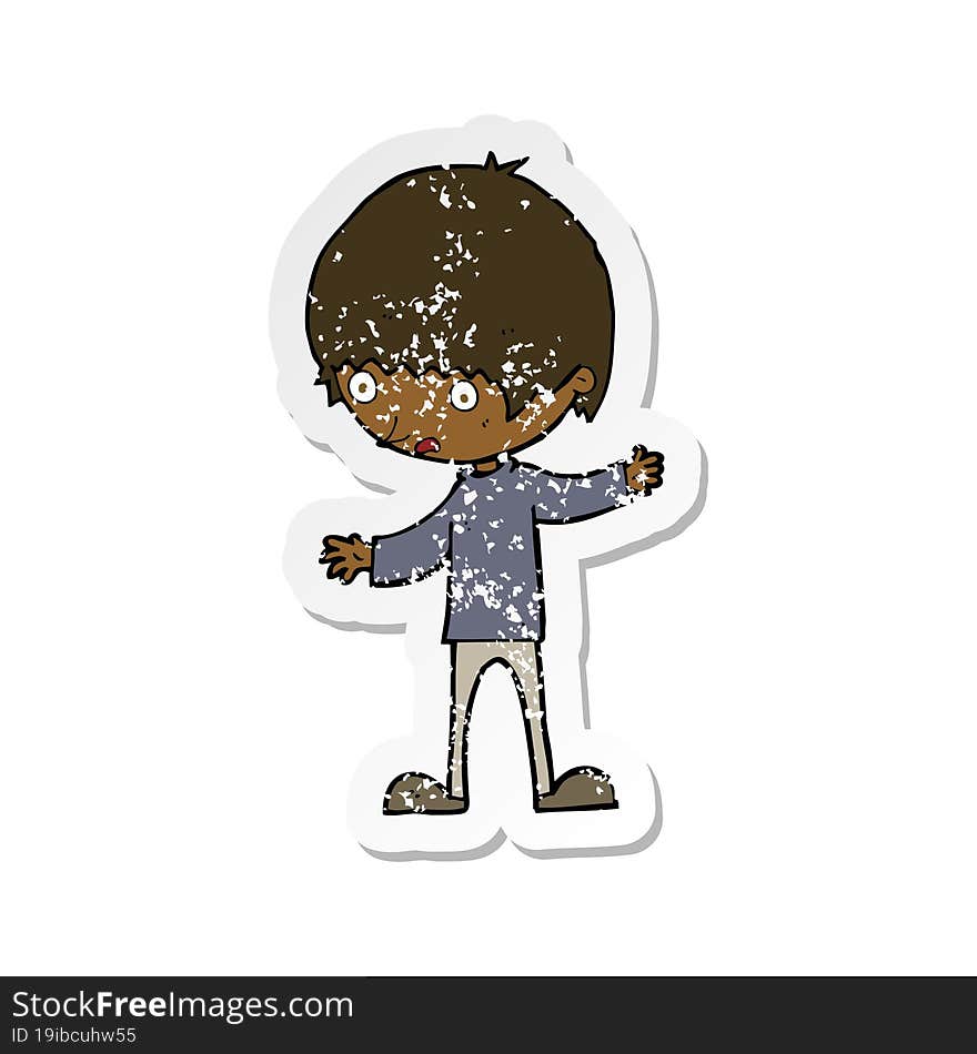 Retro Distressed Sticker Of A Cartoon Boy With Outstretched Arms