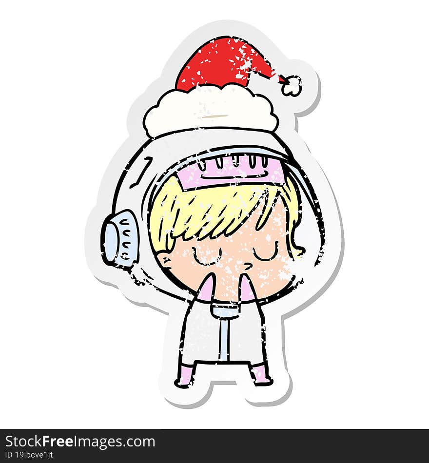 distressed sticker cartoon of a astronaut woman wearing santa hat