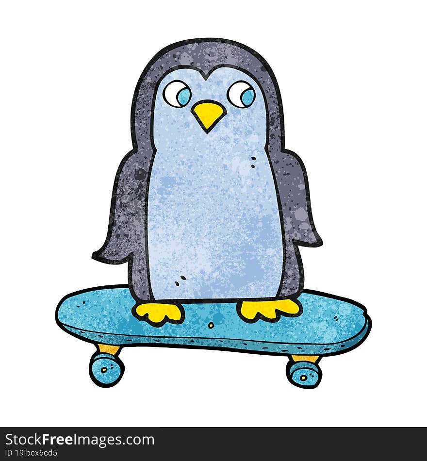 textured cartoon penguin riding skateboard