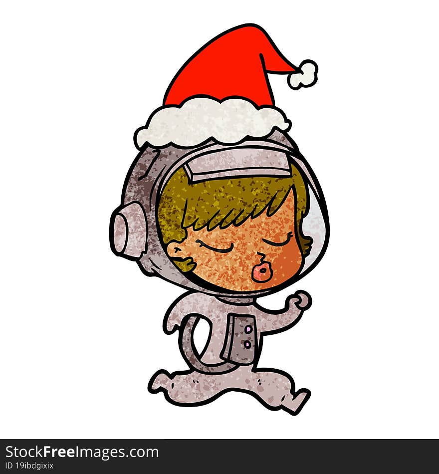 Textured Cartoon Of A Pretty Astronaut Girl Running Wearing Santa Hat