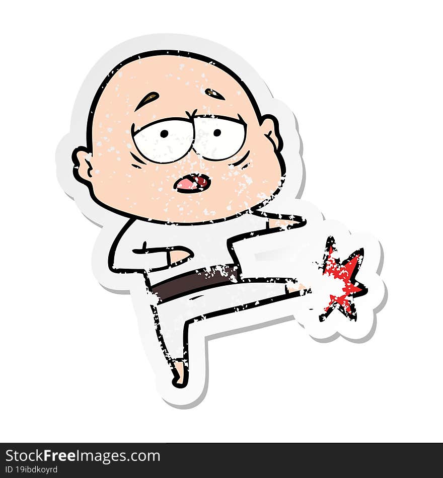 distressed sticker of a cartoon tired bald man