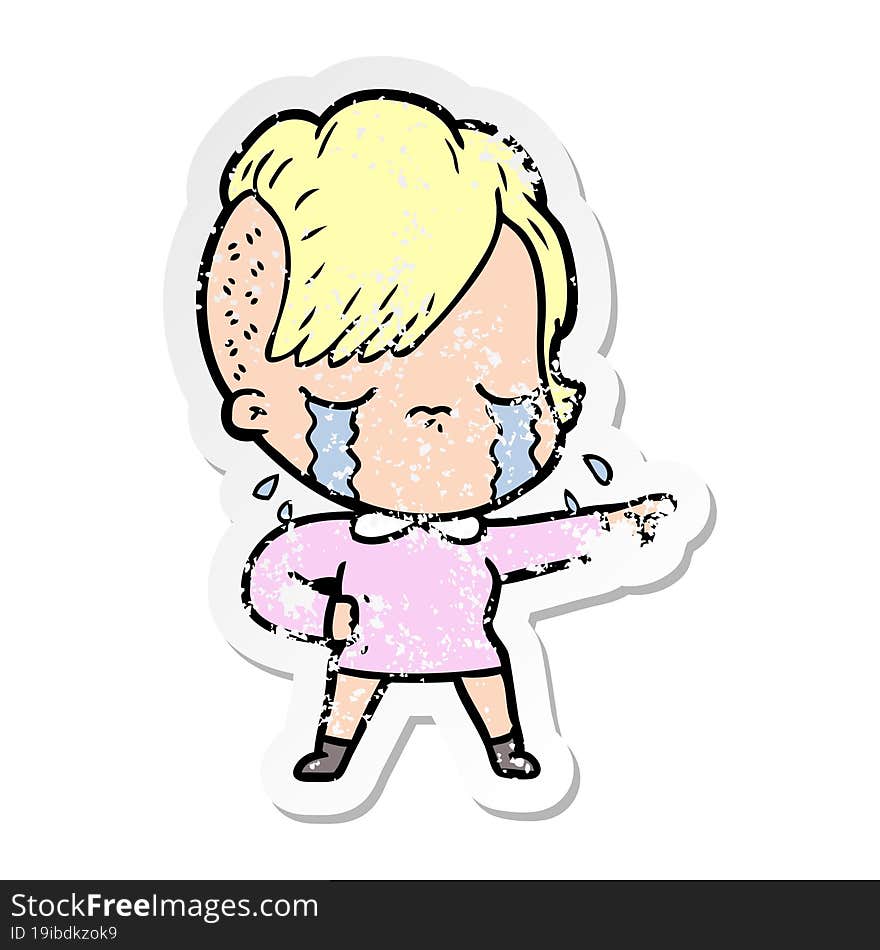 distressed sticker of a cartoon crying girl