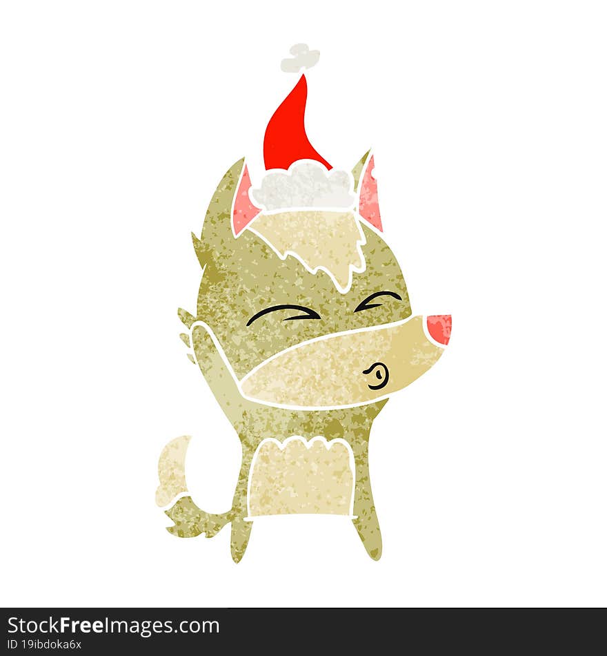 retro cartoon of a wolf whistling wearing santa hat