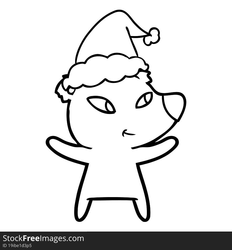 cute line drawing of a bear wearing santa hat