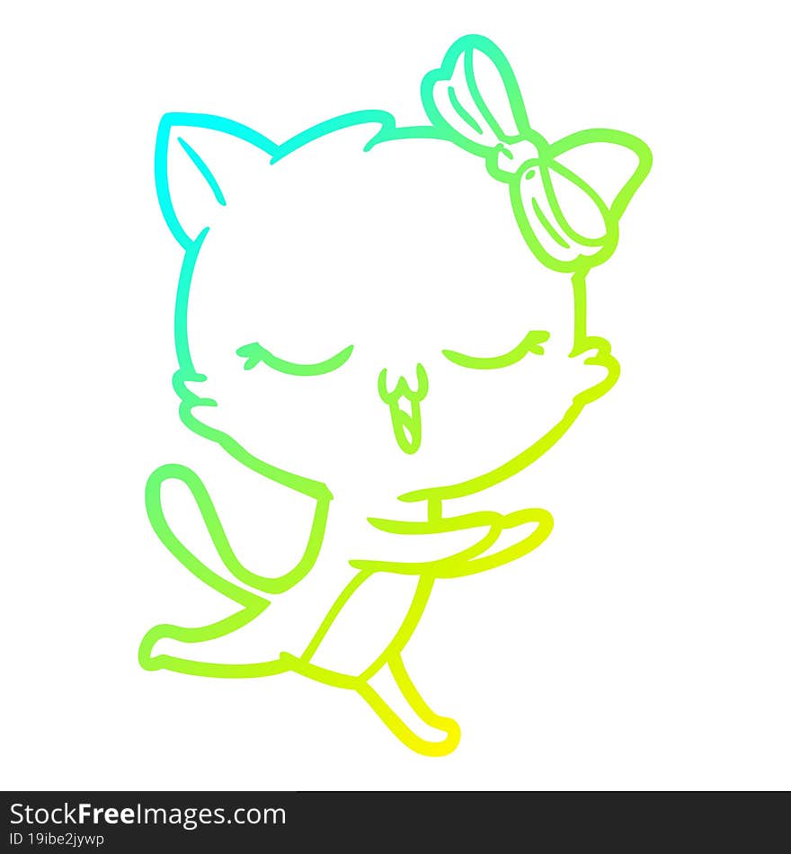 cold gradient line drawing cartoon cat with bow on head