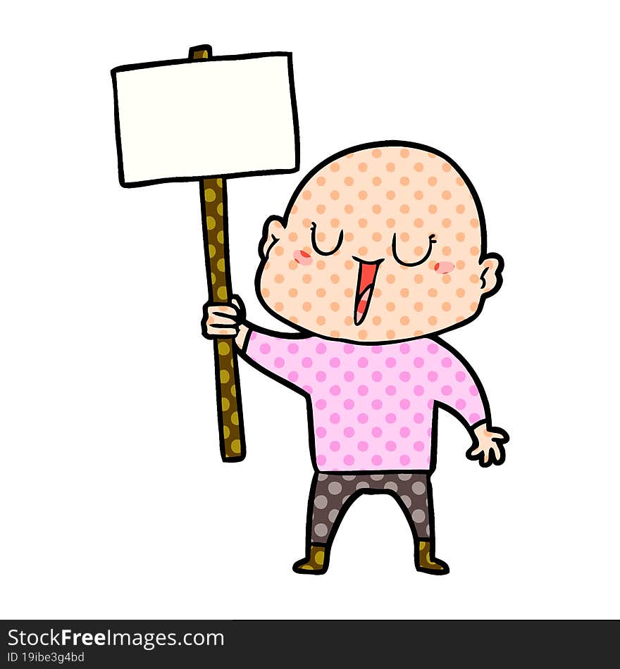 happy cartoon bald man with sign. happy cartoon bald man with sign