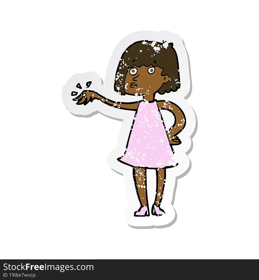 retro distressed sticker of a cartoon woman showing off engagement ring