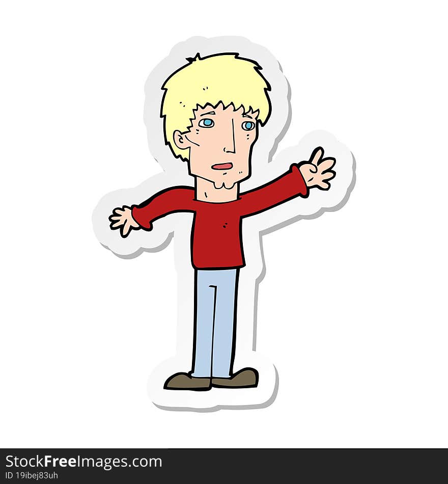 Sticker Of A Cartoon Worried Man Reaching Out