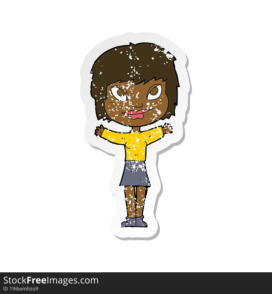 retro distressed sticker of a cartoon woman waving arms