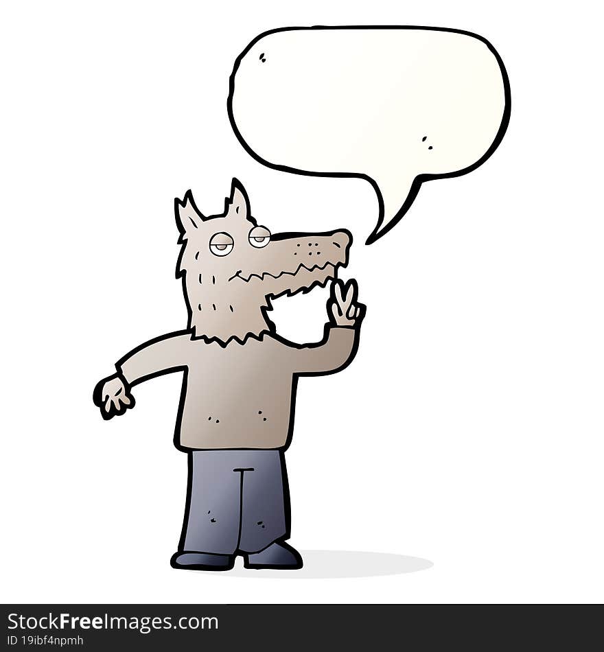 cartoon happy wolf man with speech bubble