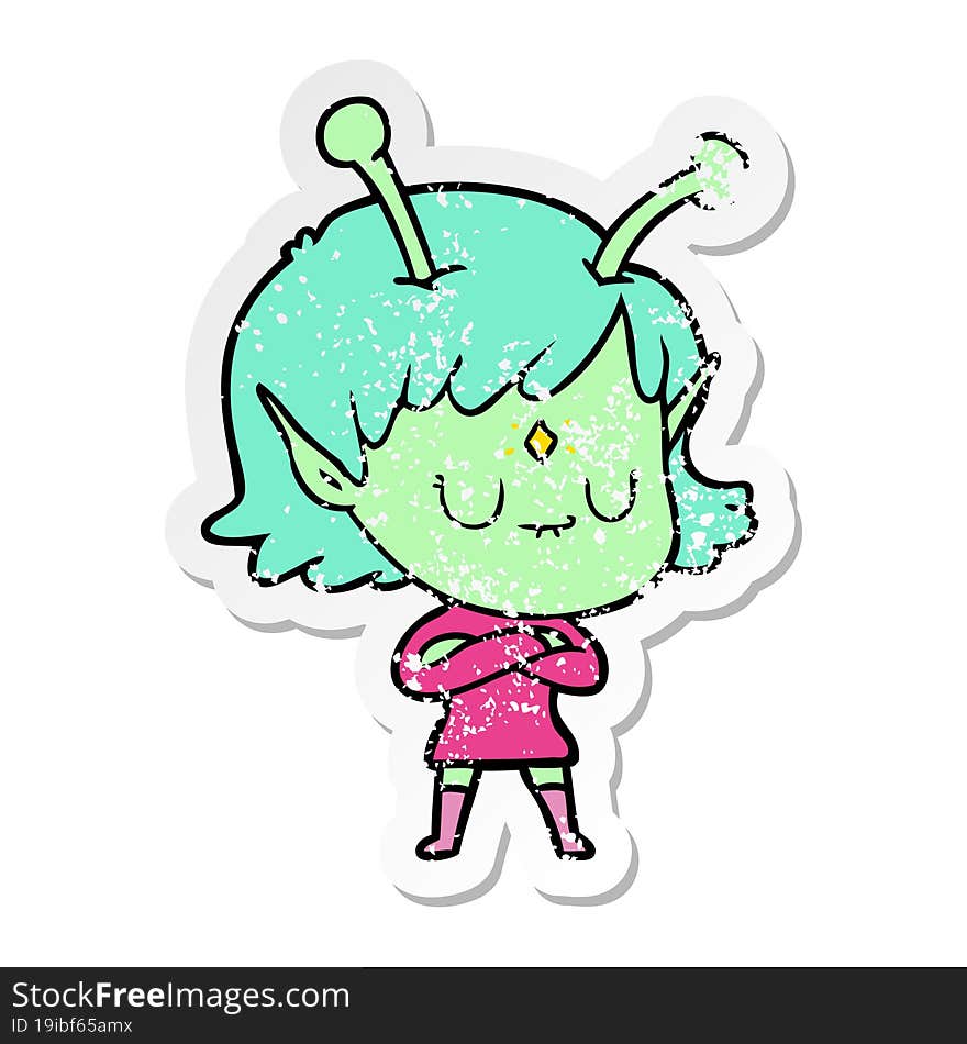 distressed sticker of a cartoon alien girl