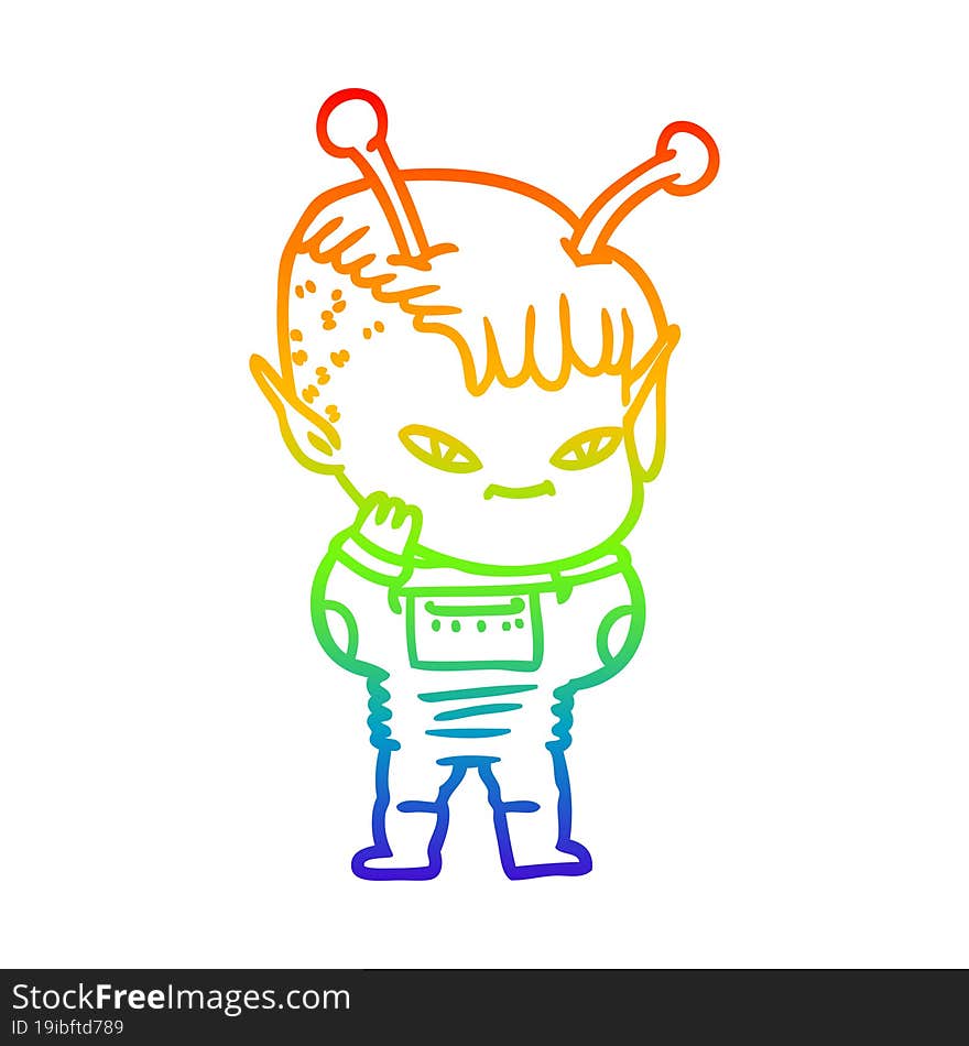 rainbow gradient line drawing of a cute cartoon alien girl