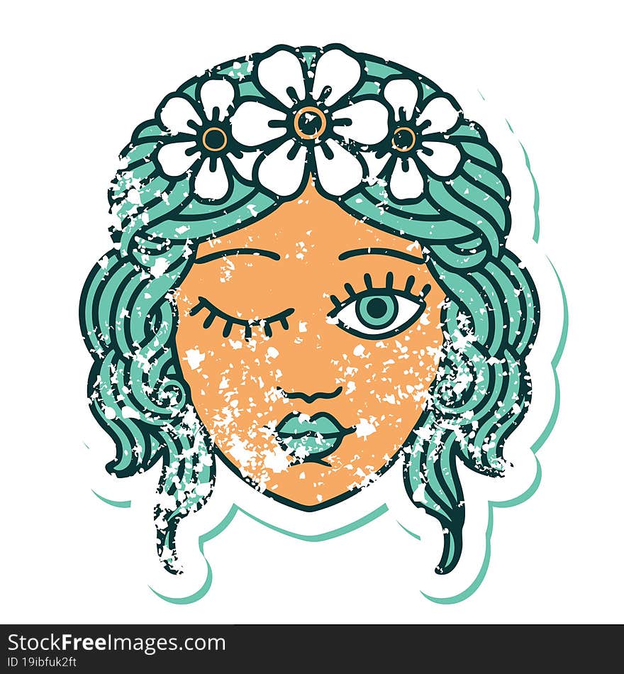 distressed sticker tattoo style icon of a maidens face winking