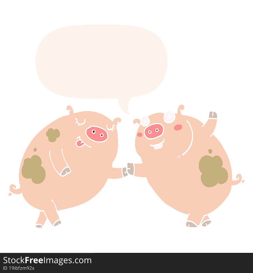 cartoon pigs dancing and speech bubble in retro style