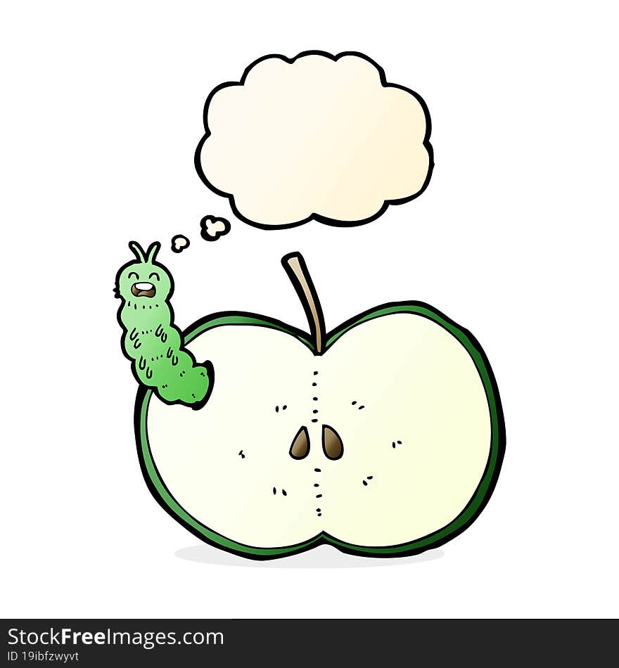 cartoon bug eating apple with thought bubble