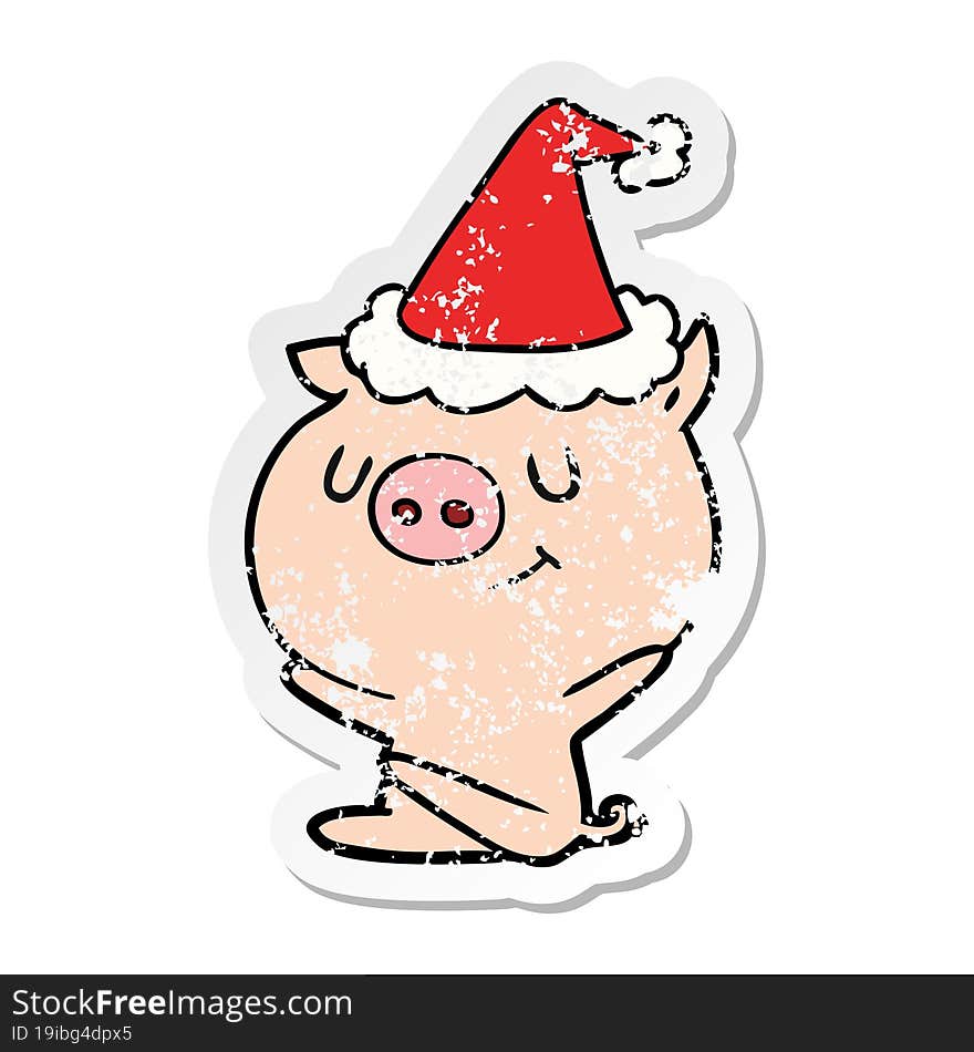 happy distressed sticker cartoon of a pig wearing santa hat