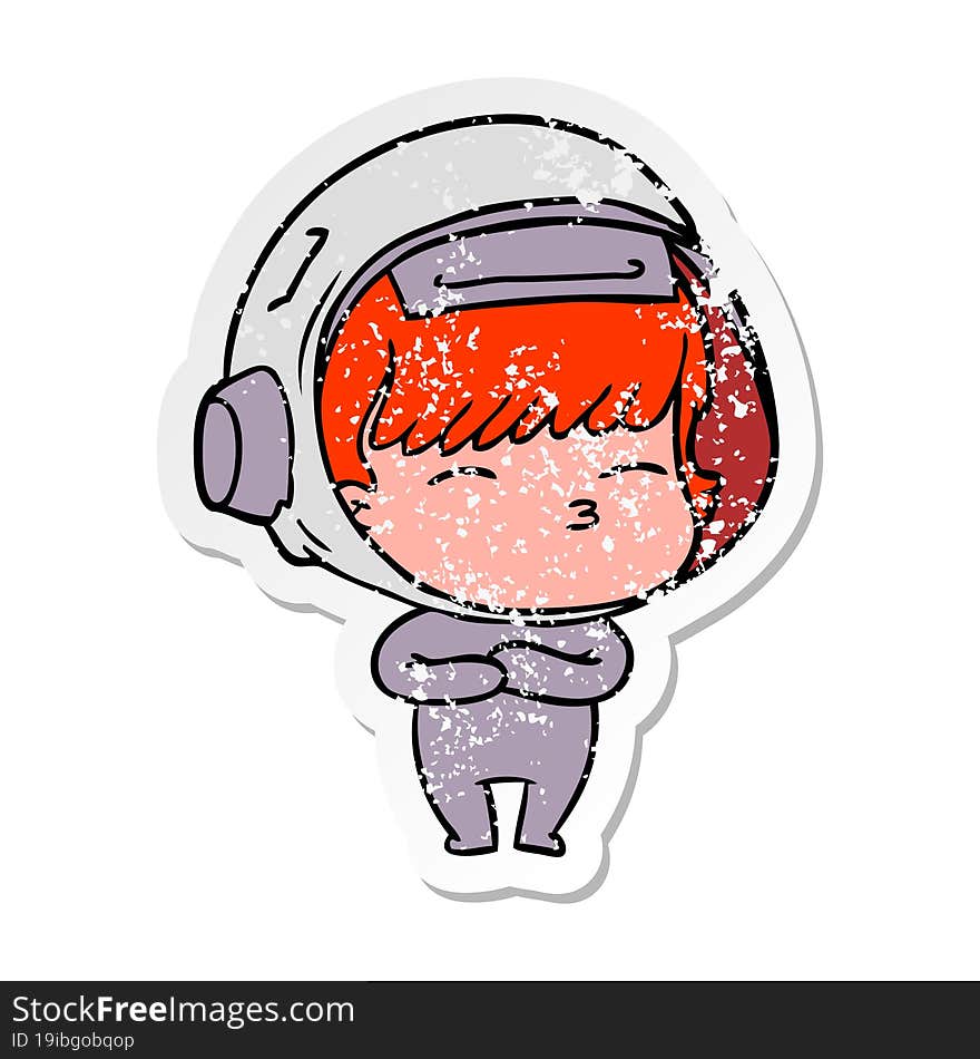 Distressed Sticker Of A Cartoon Curious Astronaut