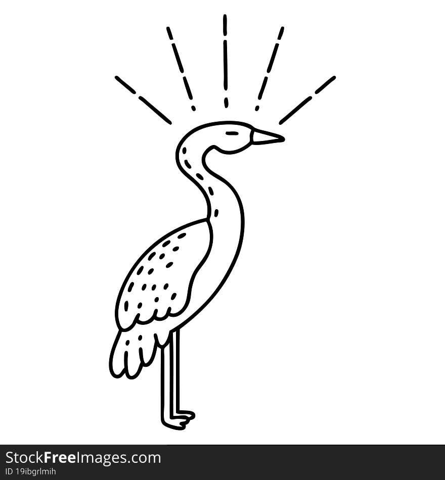 illustration of a traditional black line work tattoo style standing stork