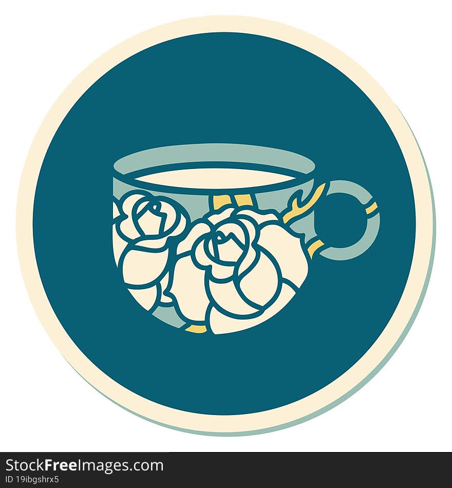 tattoo style sticker of a cup and flowers