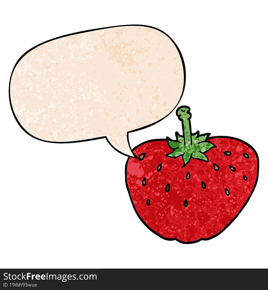 cartoon strawberry with speech bubble in retro texture style