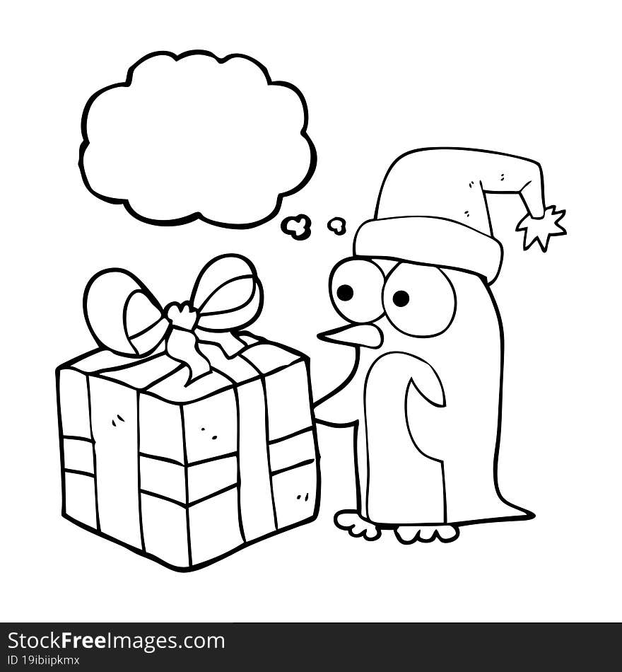 freehand drawn thought bubble cartoon christmas penguin with present