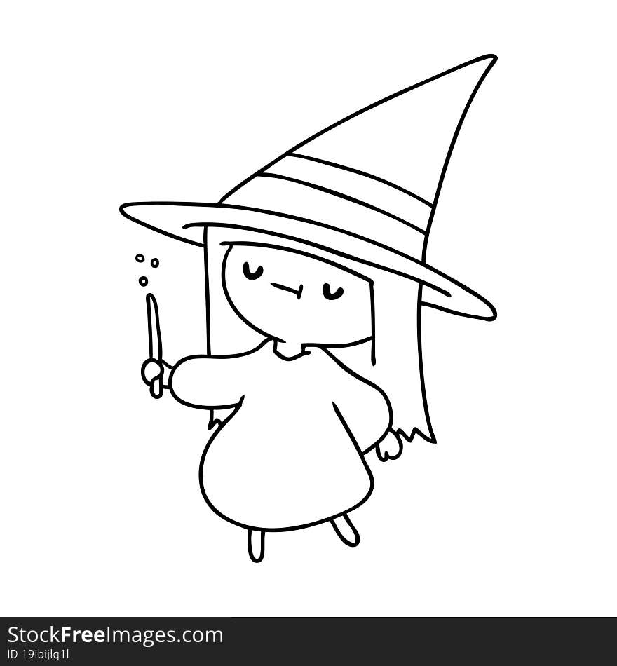 line drawing illustration of a cute kawaii witch girl. line drawing illustration of a cute kawaii witch girl