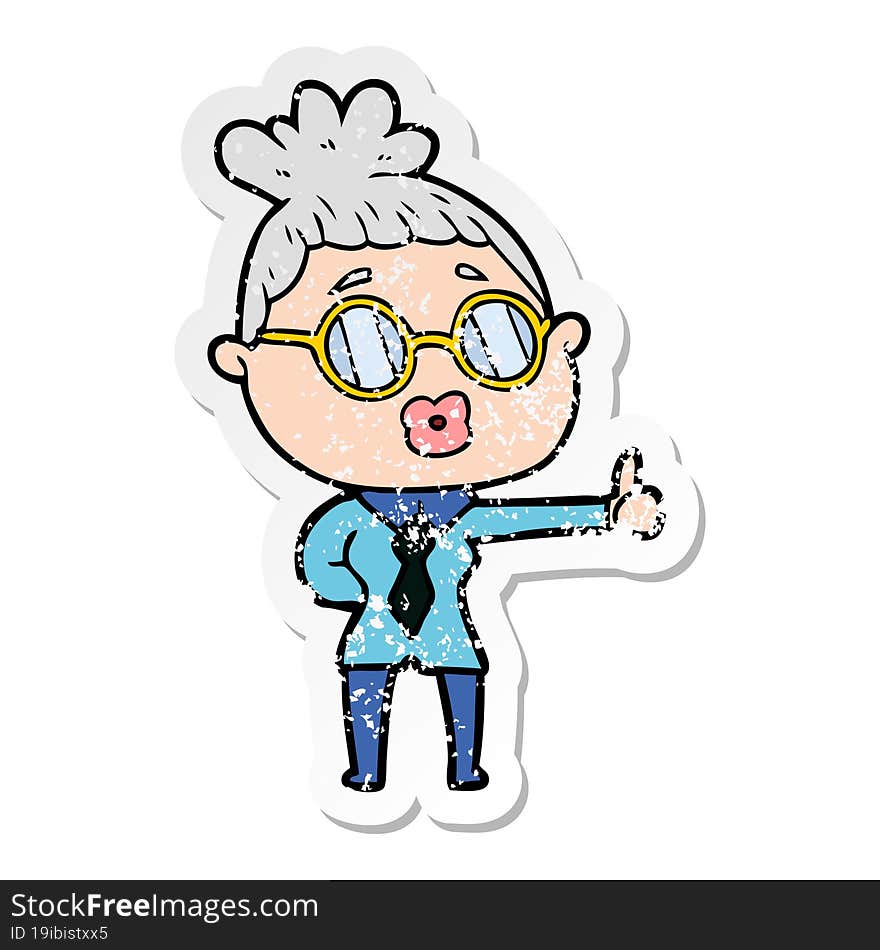 distressed sticker of a cartoon woman wearing spectacles