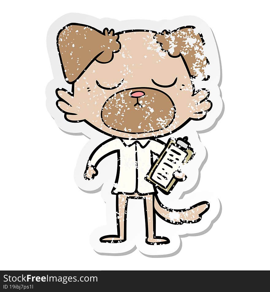 distressed sticker of a cute cartoon dog wearing office shirt