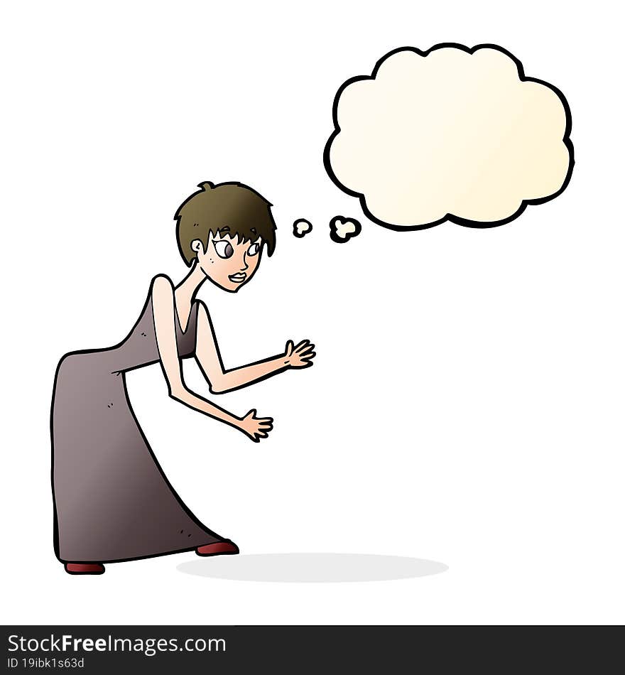 cartoon woman in dress gesturing with thought bubble