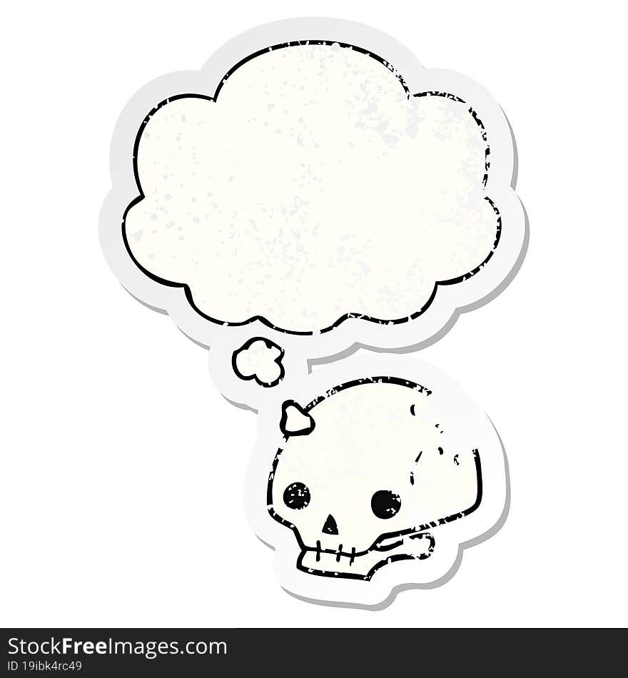 Cartoon Spooky Skull And Thought Bubble As A Distressed Worn Sticker