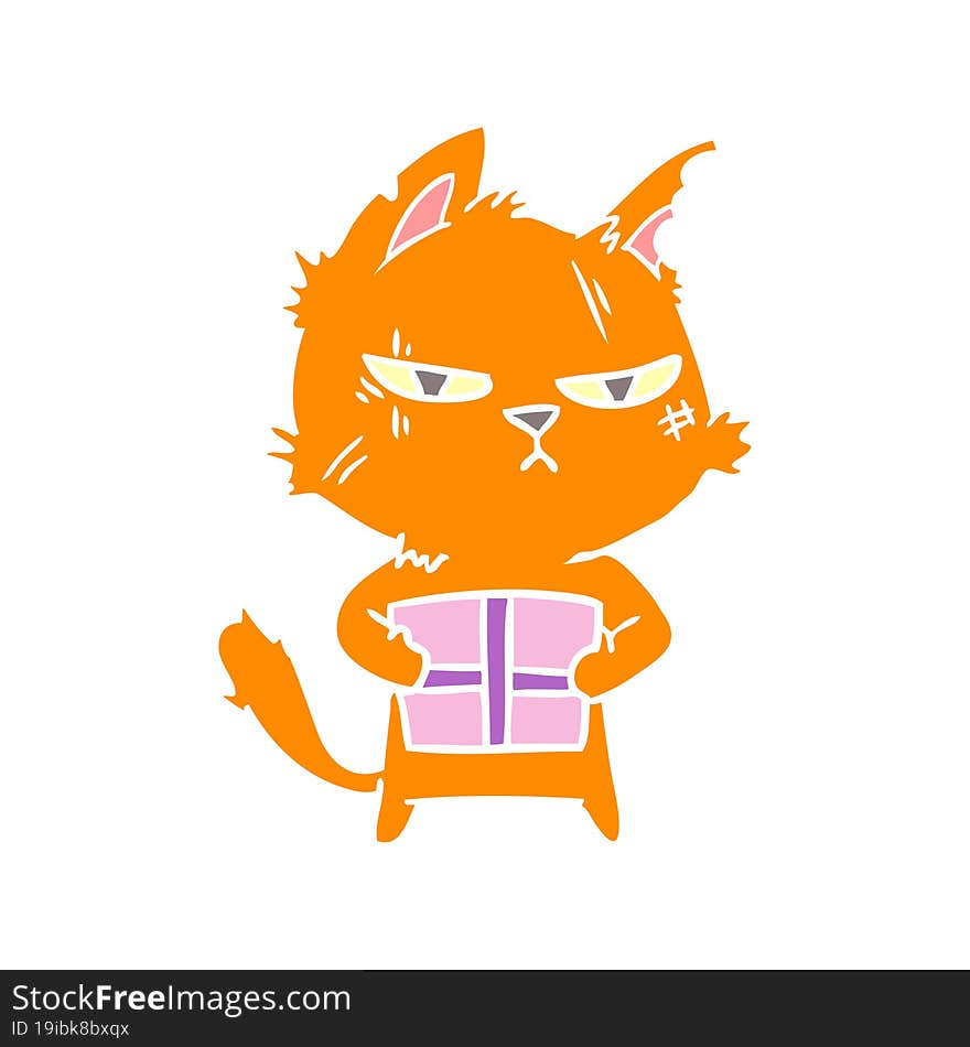 tough flat color style cartoon cat with christmas present