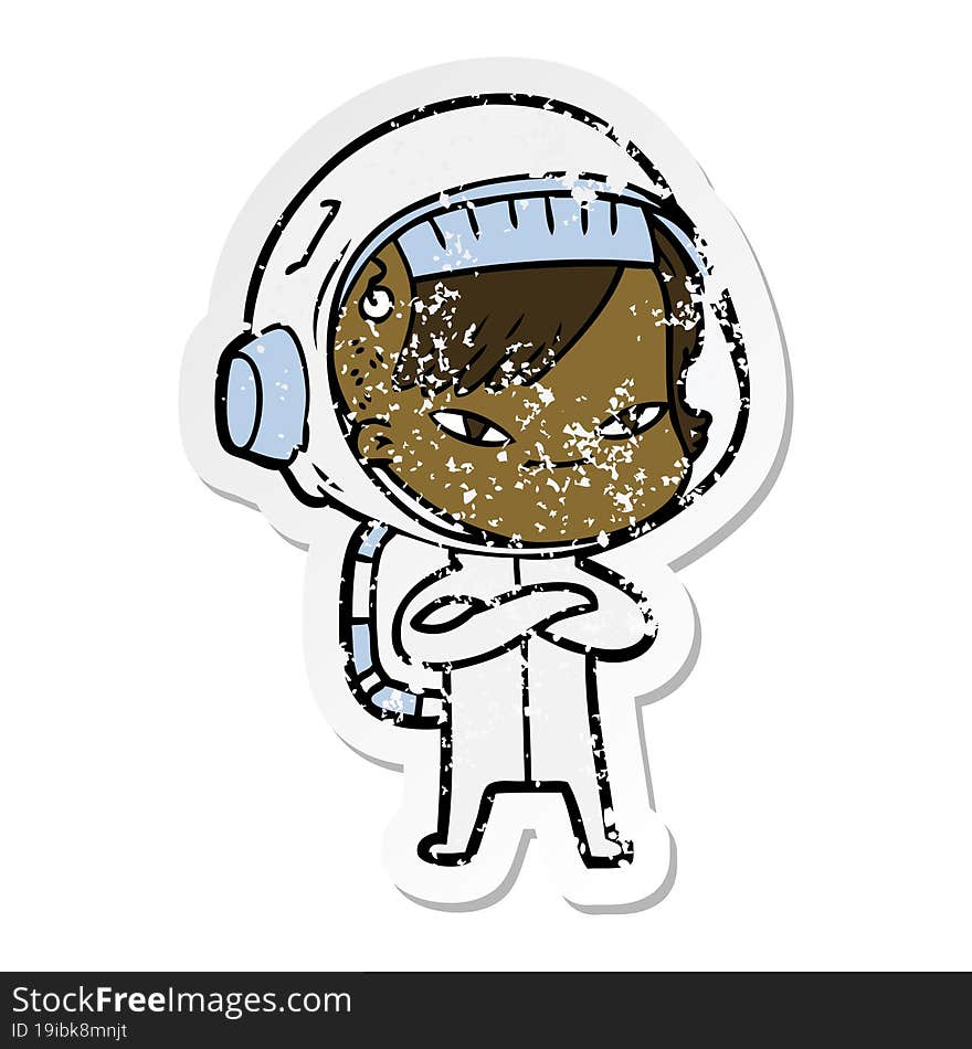 Distressed Sticker Of A Cartoon Astronaut Woman