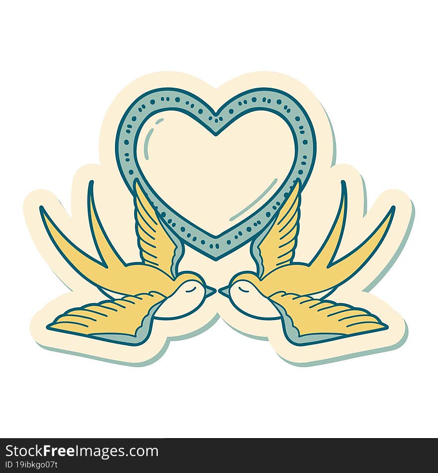 sticker of tattoo in traditional style of swallows and a heart. sticker of tattoo in traditional style of swallows and a heart