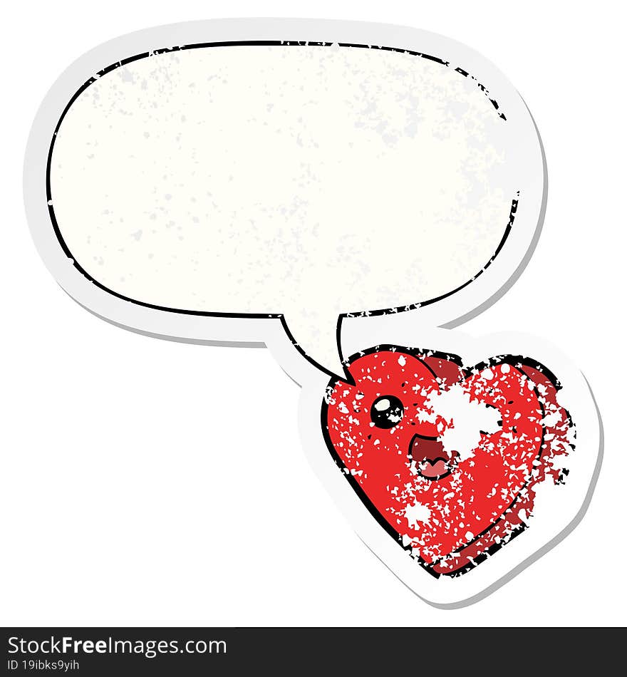 heart cartoon character with speech bubble distressed distressed old sticker. heart cartoon character with speech bubble distressed distressed old sticker