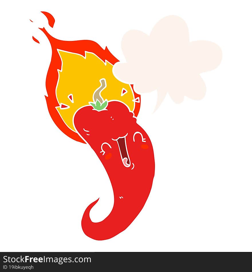 Cartoon Flaming Hot Chili Pepper And Speech Bubble In Retro Style