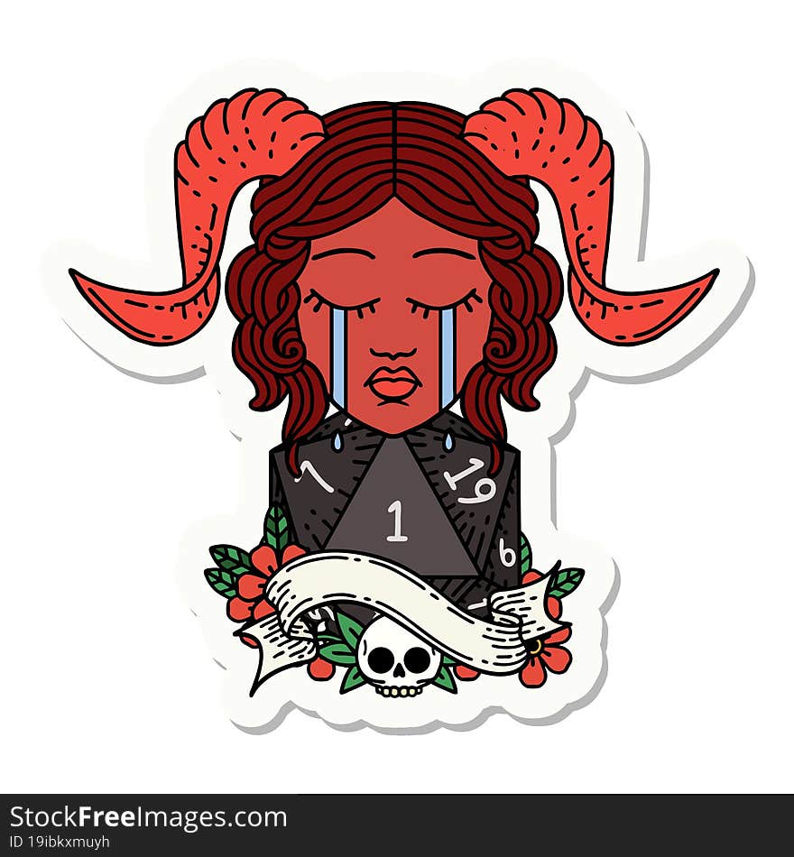 sticker of a crying tiefling with natural one D20 dice roll. sticker of a crying tiefling with natural one D20 dice roll