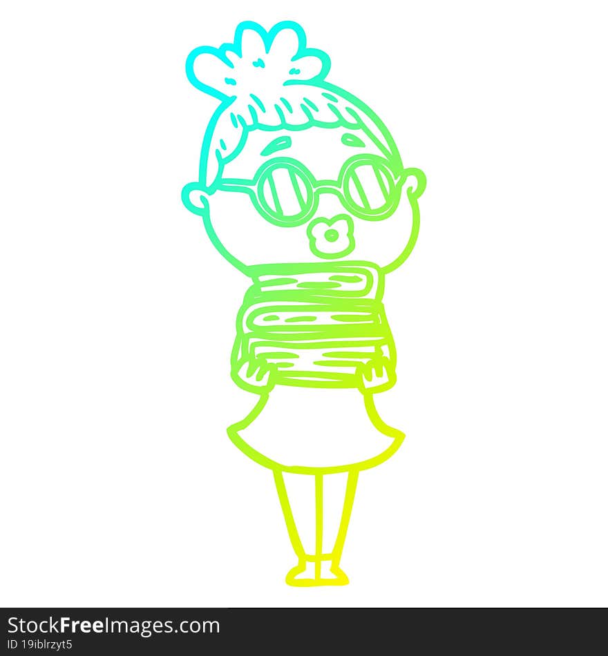 cold gradient line drawing cartoon librarian woman wearing spectacles