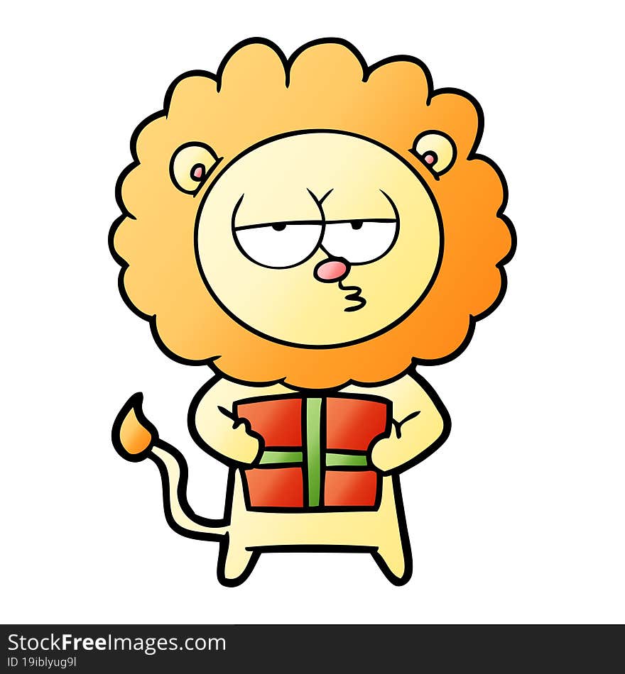 cartoon bored lion with present. cartoon bored lion with present