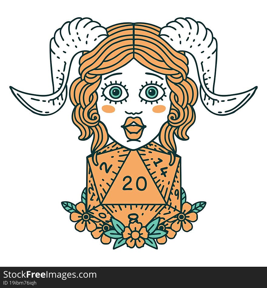 Retro Tattoo Style tiefling with D20 natural twenty dice roll. Retro Tattoo Style tiefling with D20 natural twenty dice roll