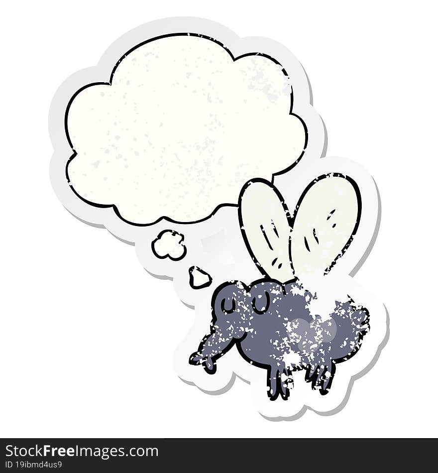 cartoon fly with thought bubble as a distressed worn sticker