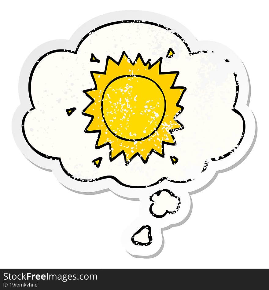 cartoon sun with thought bubble as a distressed worn sticker