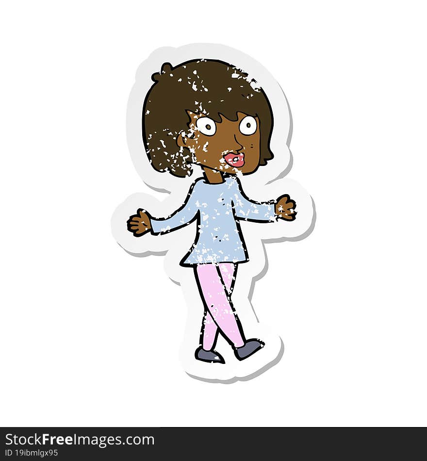 retro distressed sticker of a cartoon woman with open arms