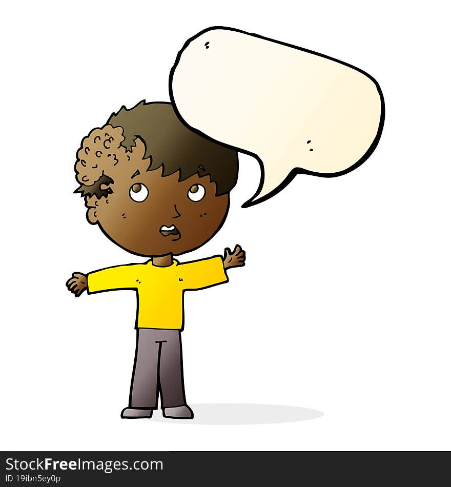 cartoon boy with growth on head with speech bubble