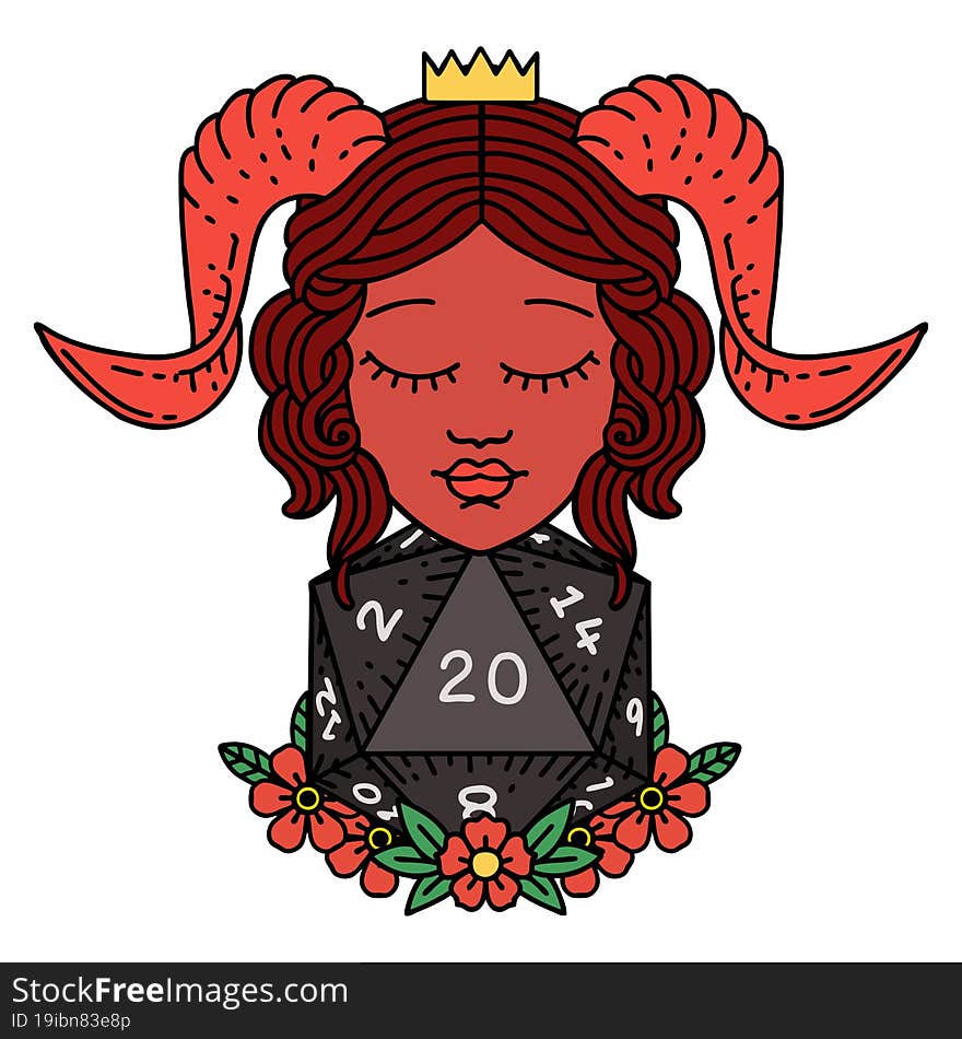 tiefling with natural twenty d20 dice roll illustration