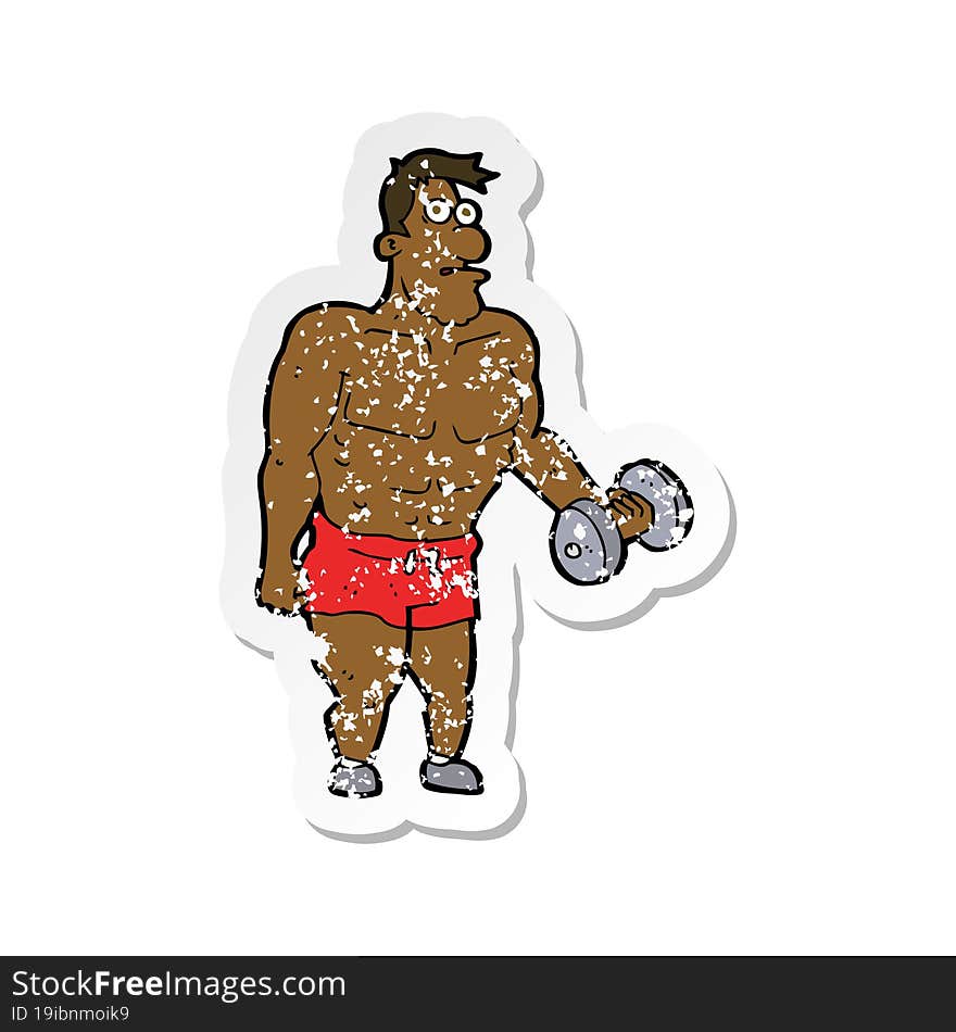 Retro Distressed Sticker Of A Cartoon Man Lifting Weights