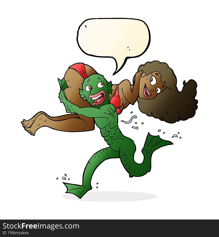 cartoon swamp monster carrying girl in bikini with speech bubble