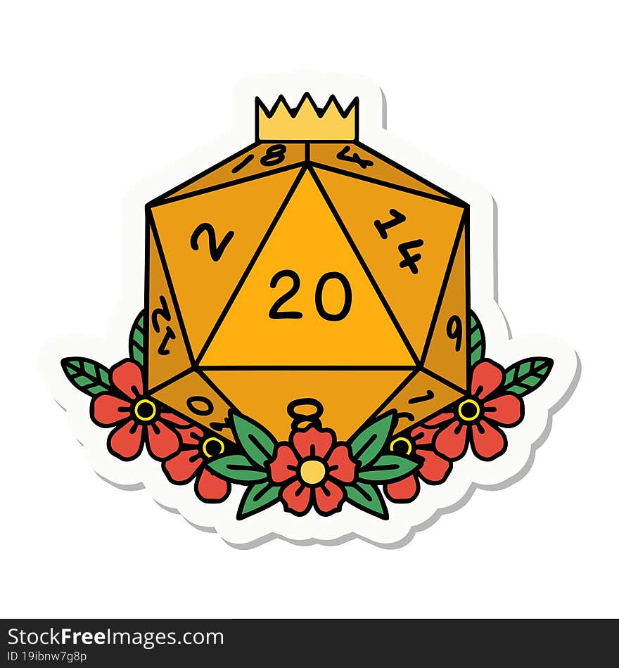 Natural 20 D20 Dice Roll With Floral Elements Sticker