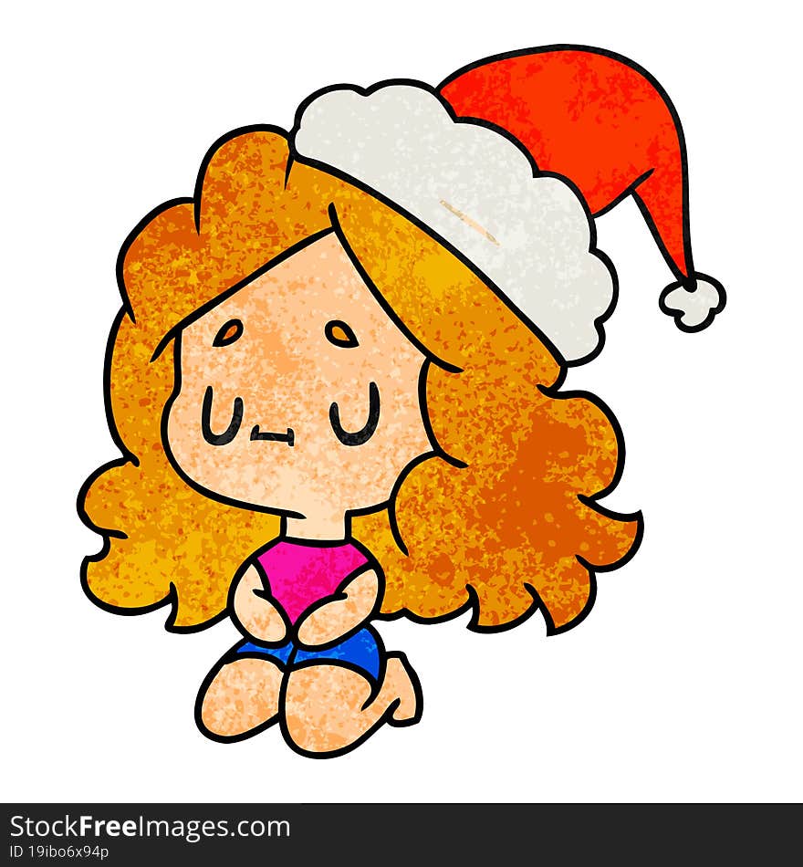 hand drawn christmas textured cartoon of kawaii girl